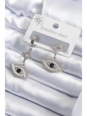 316L Çelik Gümüş Renk Göz Model Zirkon Taşlı Kadın Küpe