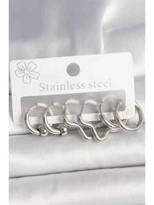 316L Çelik Gümüş Renk Halka Yıldız Model Kadın Küpe Seti