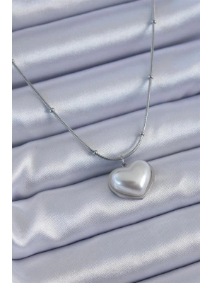 316L Çelik Gümüş Renk İncili Kalp Model Minimal Top Detay Kadın Kolye