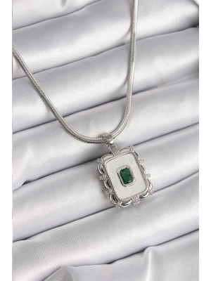 316L Çelik Gümüş Renk İtalyan Zincir Beyaz Sedefli Kare Portre Model Zümrüt Taş Detay Kadın Kolye