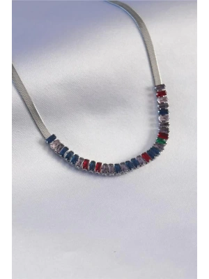 316L Çelik Gümüş Renk İtalyan Zincir Model Renkli Zirkon Taşlı Kadın Kolye