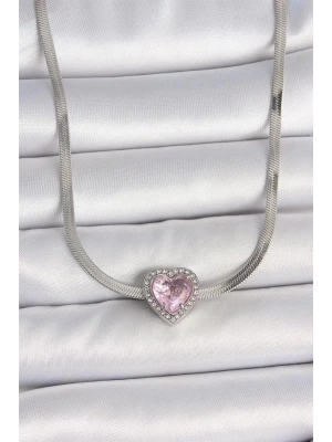 316L Çelik Gümüş Renk İtalyan Zincir Pembe Zirkon Taşlı Kalp Model Kadın Kolye