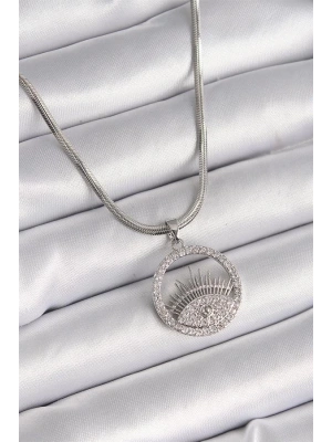 316L Çelik Gümüş Renk İtalyan Zincir Zirkon Taşlı Göz Model Kadın Kolye