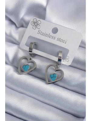 316L Çelik Gümüş Renk Kalp Model Mavi Taş Detay Kadın Küpe