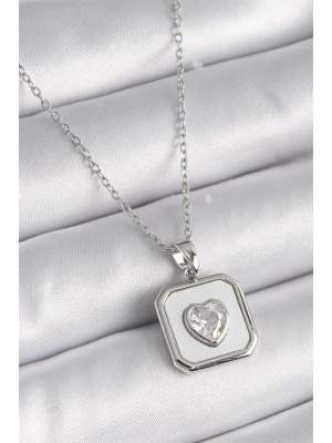316L Çelik Gümüş Renk Kare Madalyon Kalp Zirkon Taş İşleme Kadın Kolye