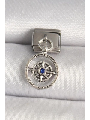 316L Çelik Gümüş Renk Mavi Taş Detaylı Pusula Model Nomination Charm