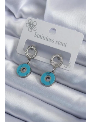 316L Çelik Gümüş Renk Mavi Taşlı Zirkon Taşlı Kadın Küpe