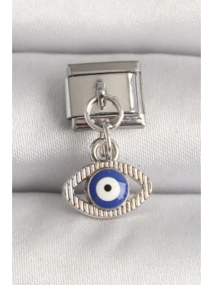 316L Çelik Gümüş Renk Nazar Boncuk Detaylı Göz Model Nomination Charm