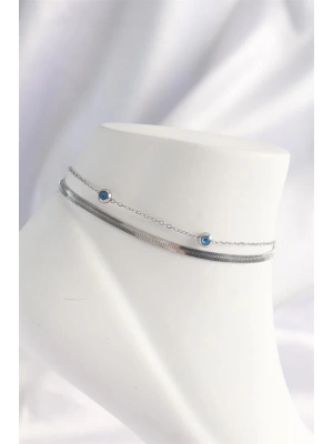 316L Çelik Gümüş Renk Nazar Boncuk Tasarımlı 2li Halhal