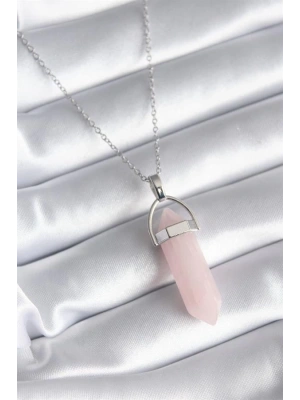 316L Çelik Gümüş Renk Pembe Taşlı Kadın Kolye