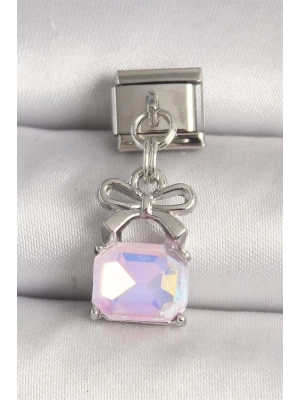 316L Çelik Gümüş Renk Pembe Zirkon Taşlı Çanta Model Nomination Charm