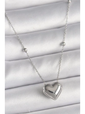 316L Çelik Gümüş Renk Topçuk Detay Zincir Kalp Model Kadın Kolye