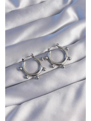 316L Çelik Gümüş Renk Topçuk Tasarımlı Oval Küpe