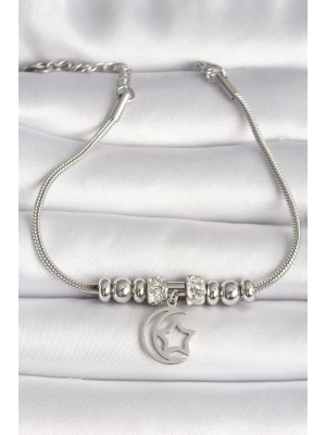 316L Çelik Gümüş Renk Tüp Zincir Zirkon Taş Detaylı Sallantı Ay Yıldız Figür Kadın Bileklik