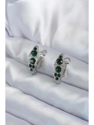 316L Çelik Gümüş Renk Yeşil Kristal Taş İşleme Yılan Model Kadın Küpe