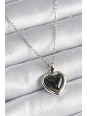 316L Çelik Gümüş Renk Yeşil Mineli Kalp Model Kadın Kolye