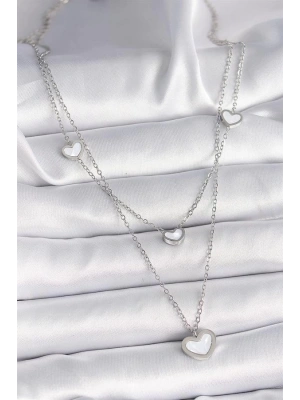316L Çelik Gümüş Renk Zincir 2Li Zincir Kalp Model Kadın Kolye