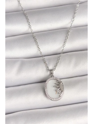 316L Çelik Gümüş Renk Zincir Beyaz Mineli Gün Batımı Model Zirkon Taş Detaylı Kadın Kolye