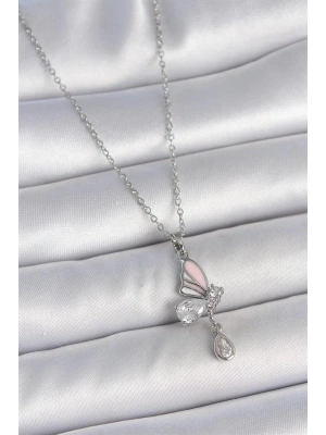 316L Çelik Gümüş Renk Zincir Damla Zirkon Taşlı Kelebek Model Sallantı Detay Kadın Kolye