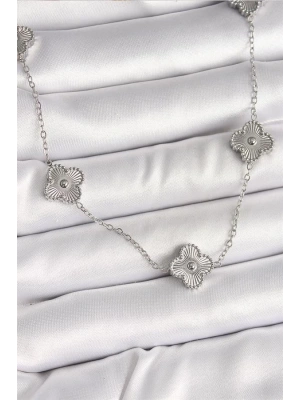 316L Çelik Gümüş Renk Zincir İşlemeli Yonca Model Kadın Kolye