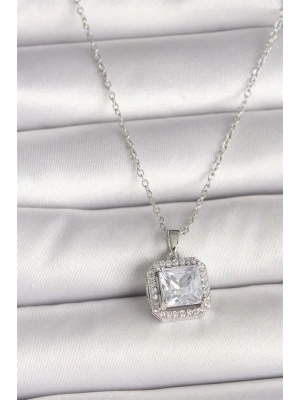 316L Çelik Gümüş Renk Zincir Kare Zirkon Taşlı Kadın Kolye