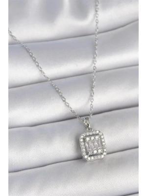 316L Çelik Gümüş Renk Zincir Kare Zirkon Taşlı Kadın Kolye