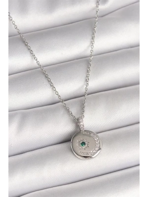 316L Çelik Gümüş Renk Zincir Madalyon Zirkon Taşlı İşlemeli Hilal Yıldız Model Kadın Kolye