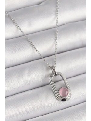 316L Çelik Gümüş Renk Zincir Pembe Kedi Göz Model Kadın Kolye