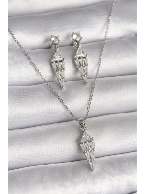 316L Çelik Gümüş Renk Zincir Sallantı Zirkon Taş Model Kadın Kolye Küpe Seti