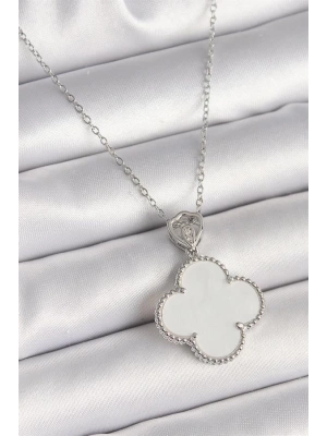 316L Çelik Gümüş Renk Zincir Zirkon Taş Detaylı Beyaz Yonca Model Kadın Kolye