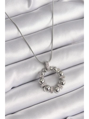 316L Çelik Gümüş Renk Zincir Zirkon Taş Detaylı Bombeli Halka Model Kadın Kolye