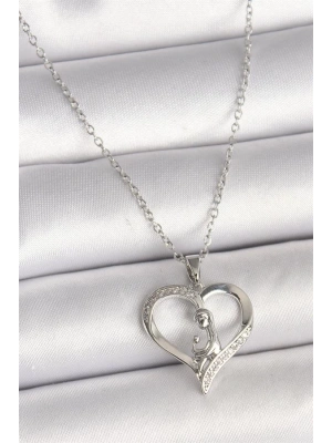 316L Çelik Gümüş Renk Zincir Zirkon Taş Detaylı Kalp Model Kadın Kolye