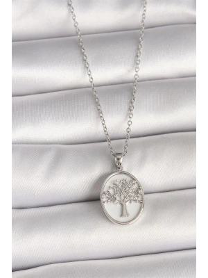 316L Çelik Gümüş Renk Zincir Zirkon Taş İşlemeli Beyaz Mineli Ağaç İşlemeli Portre Model Kadın Kolye