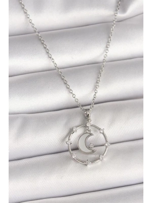 316L Çelik Gümüş Renk Zincir Zirkon Taşlı Beyaz Mineli Hilal Model Kadın Kolye