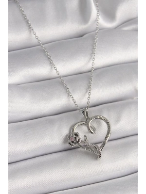 316L Çelik Gümüş Renk Zincir Zirkon Taşlı Kalp Figür Gül Detay Kadın Kolye
