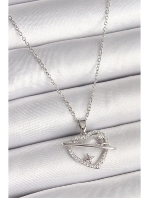 316L Çelik Gümüş Renk Zincir Zirkon Taşlı Kalp Model Yıldız Detay Kadın Kolye