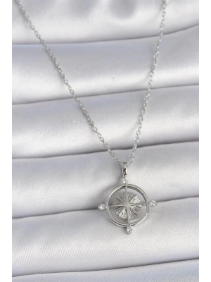 316L Çelik Gümüş Renk Zincir Zirkon Taşlı Pusula Model Kadın Kolye