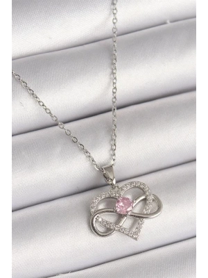316L Çelik Gümüş Renk Zincir Zirkon Taşlı Sonsuzluk Kalp Model Kadın Kolye