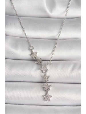 316L Çelik Gümüş Renk Zincir Zirkon Taşlı Yıldız Model Kadın Kolye
