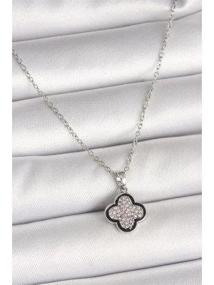 316L Çelik Gümüş Renk Zincir Zirkon Taşlı Yonca Model Kadın Kolye