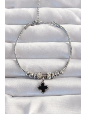 316L Çelik Gümüş Renk Zirkon Taş Aksesuarlı Siyah Mineli Yonca Bileklik