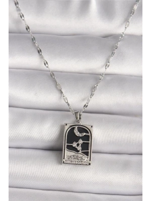 316L Çelik Gümüş Renk Zirkon Taşlı  Ay Figürlü Taror Model Kadın Kolye