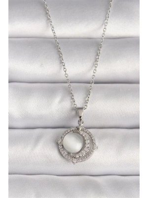 316L Çelik Gümüş Renk Zirkon Taşlı Beyaz Sedefli Hilal Model Kadın Kolye
