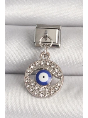 316L Çelik Gümüş Renk Zirkon Taşlı Göz Model Nazar Boncuk Detay Nomination Charm