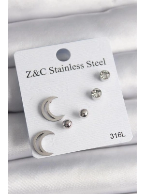 316L Çelik Gümüş Renk Zirkon Taşlı Hilal Model Kadın Küpe Seti