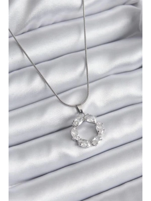 316L Çelik Gümüş Renk Zirkon Taşlı Kadın Kolye