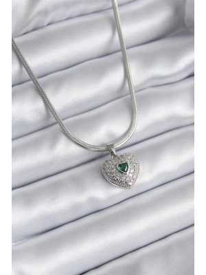 316L Çelik Gümüş Renk Zirkon Taşlı Kalp Model Kadın Kolye