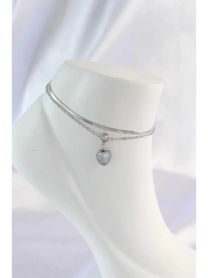 316L Çelik Gümüş Renk Zirkon Taşlı Kalp Tasarımlı 2li Halhal