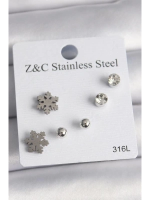 316L Çelik Gümüş Renk Zirkon Taşlı Kar Tanesi Model Kadın Küpe Seti