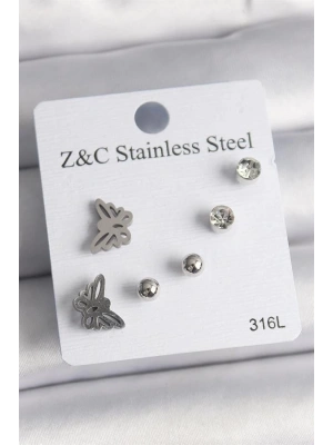 316L Çelik Gümüş Renk Zirkon Taşlı Kelebek Model Kadın Küpe Seti